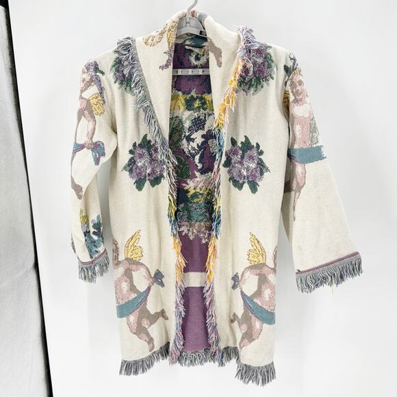 Vintage All in the Bag Coat tapestry blanket fringe 90s cherub open front quirky - Picture 1 of 10